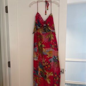Tropical Print Red Maxi Dress with Halter Tie